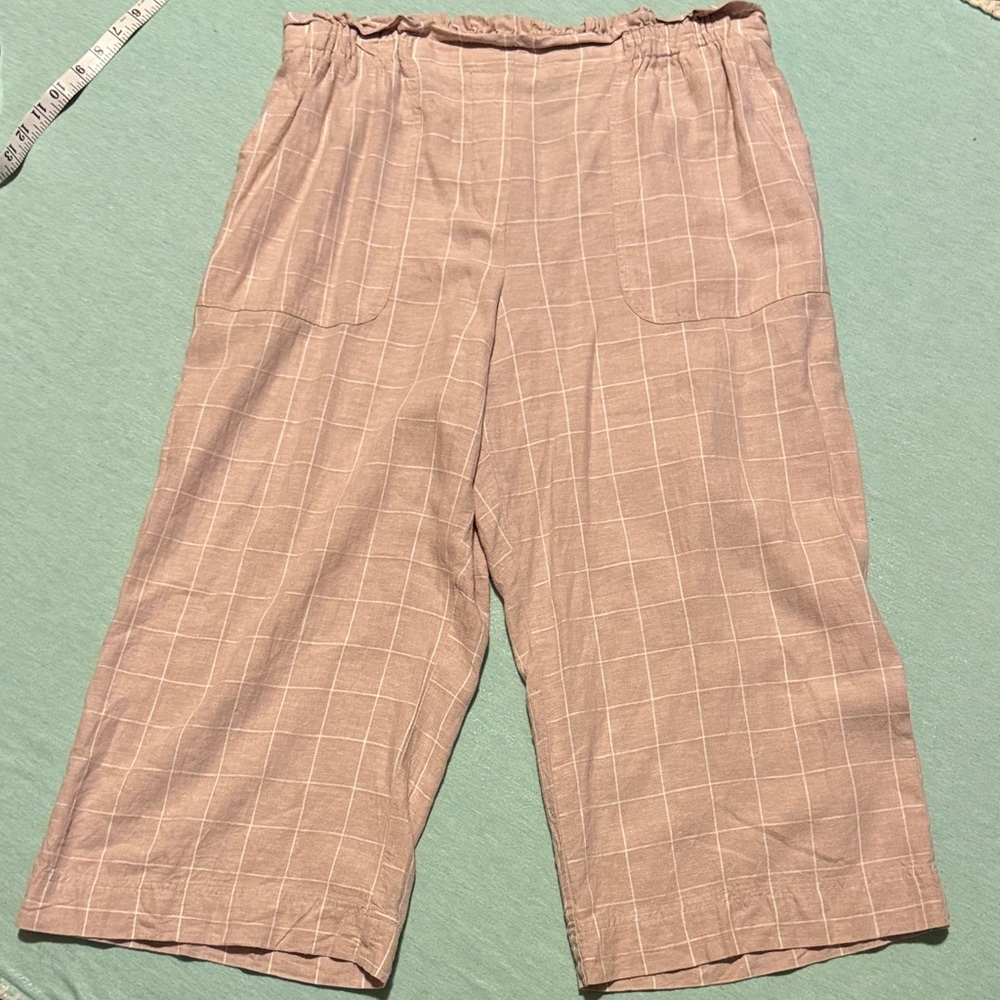 Sharagano XL linen crop pants pull-on beige with white check wide leg 12” EUC